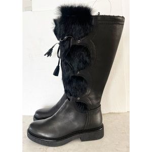 Elena Italian Designer Black Leather & Rabbit Fur Knee High Lace Boot 37 NWT